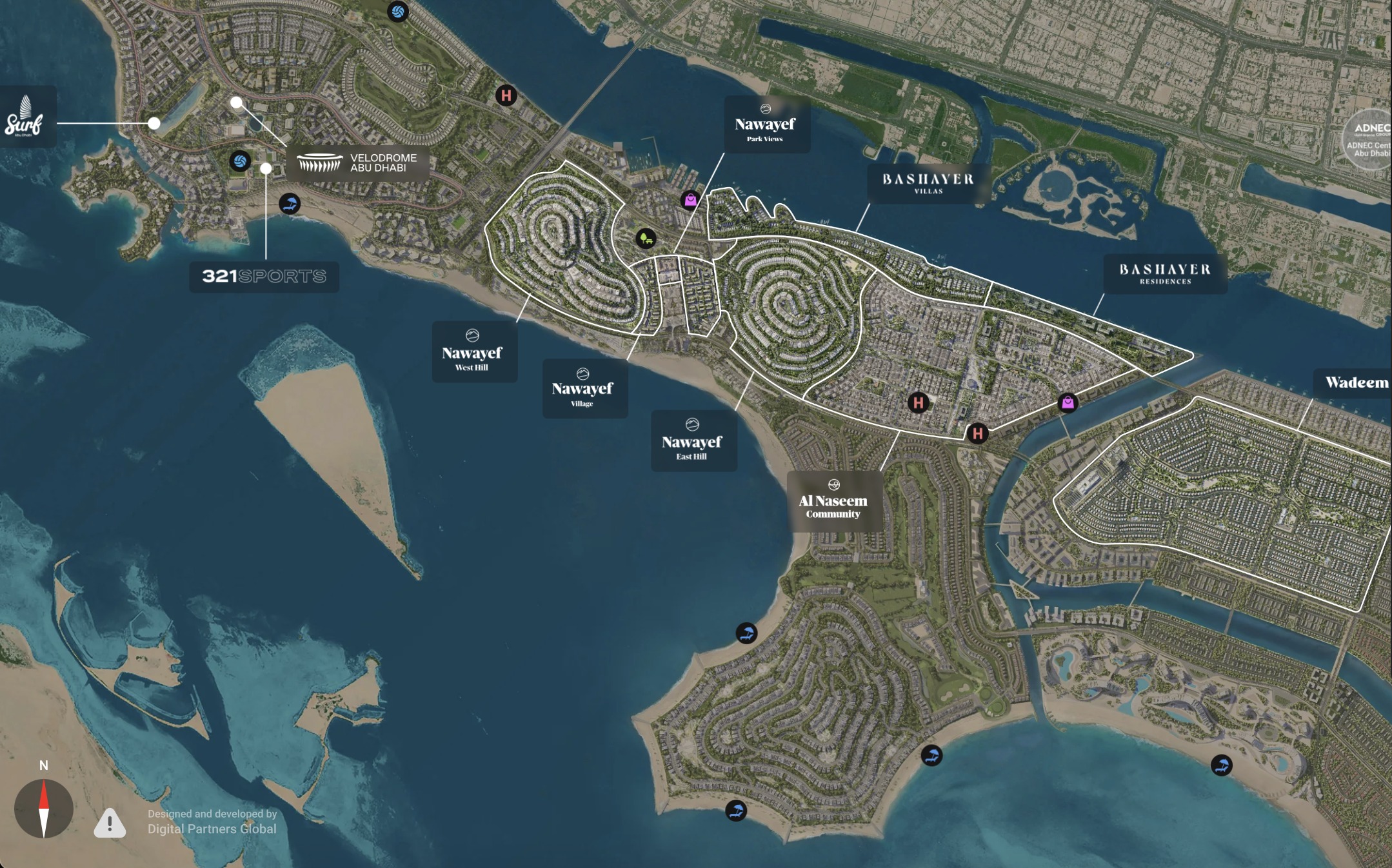 Aerial map of Hudayriyat Island showing the Hudayriyat Golf Estates project location, an island golf community facing the Abu Dhabi skyline, with surrounding communities Nawayef, Bashayer and Al Naseem labelled