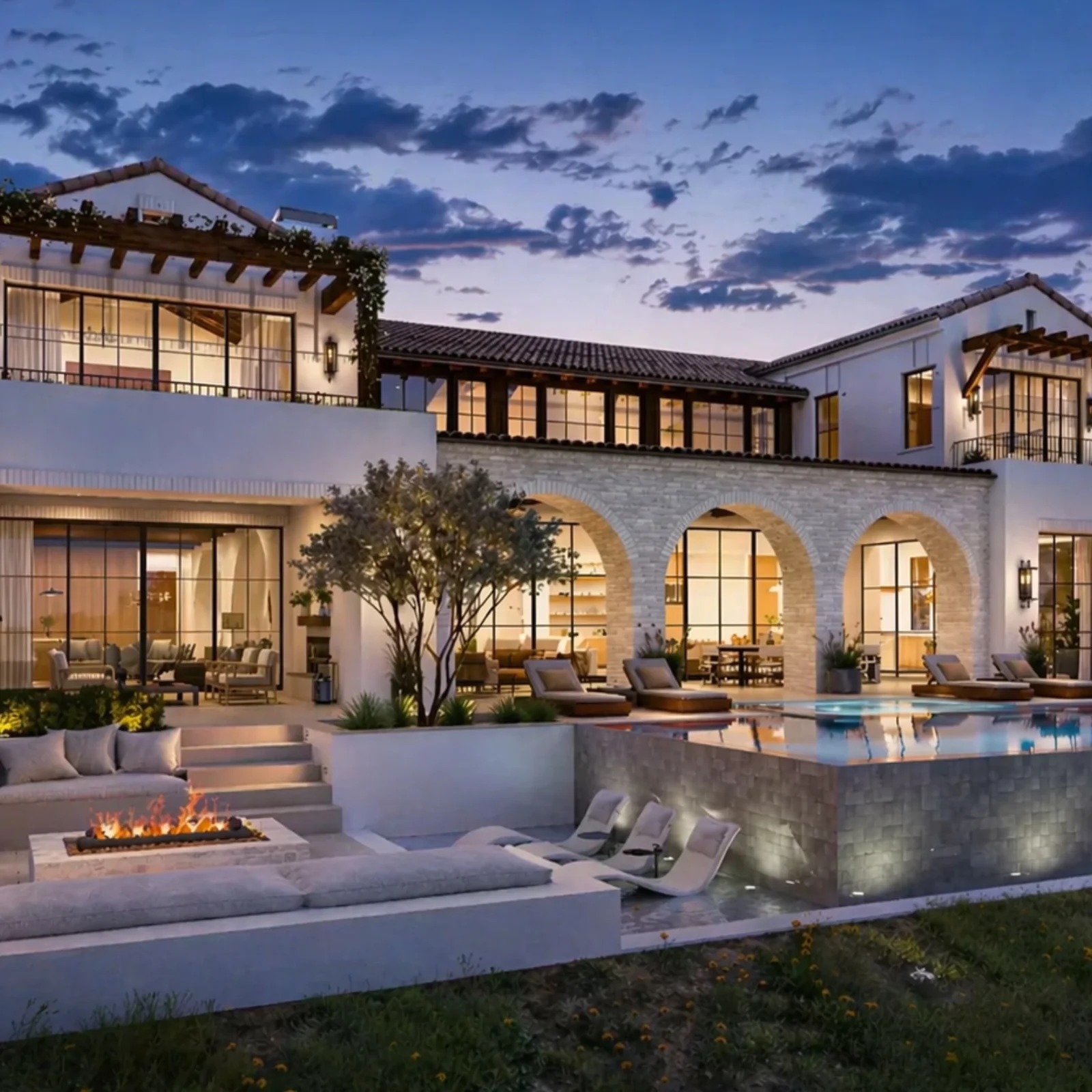 A finished Modon villa at Hudayriyat — Mediterranean-style architecture with stone, arches, and a pool at dusk